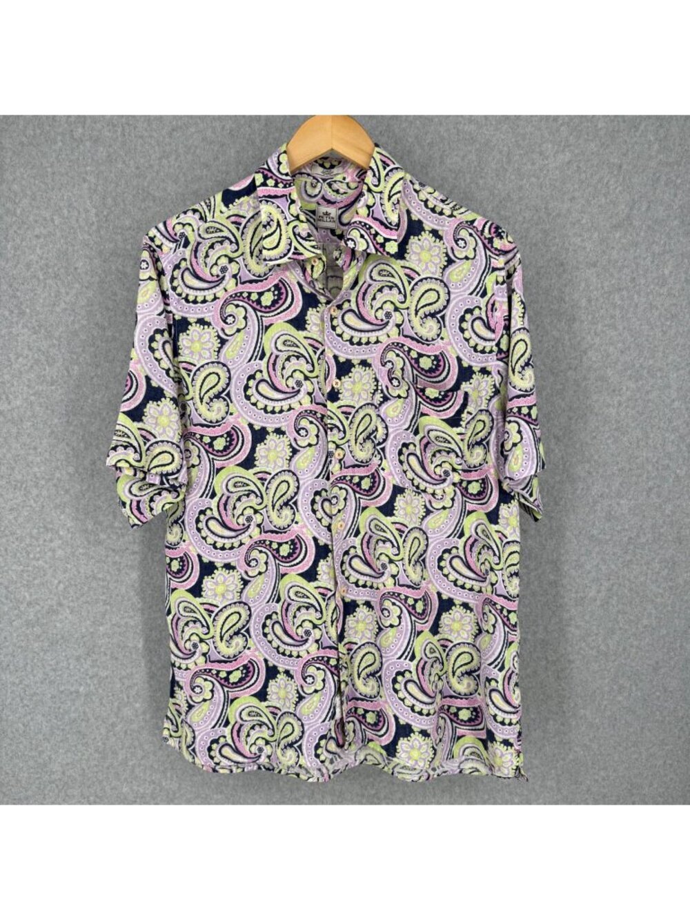 Peter Millar Mens 100% Linen Button Up Shirt Size L Purple Paisley Print Casual